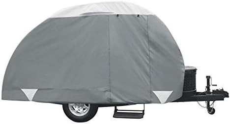 Classic Accessories Over Drive PolyPRO3 Deluxe Teardrop Trailer Cover, Fits 8' - 10' Trailers, Tear-Resistant, Travel Trailer Storage Cover, Compatible with R-Pod/Clamshell Trailers, Grey/White
