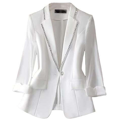 Women White Blazer Jacket 3/4 Sleeve Rhinestone Button Slim Thin Casual Office Blazers