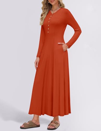 Image of ZESICA Women's Elegant Maxi Dresses 2026 Fall Long Sleeve Button Casual A Line Boho Flowy Dress with Pockets