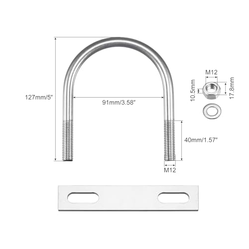 Image of uxcell Round U-Bolts, 2 Sets 91mm(3.58 inch) Inner Width 127mm Length M12 304 Stainless Steel U Clamp Bolt with Nuts Washers and Plates, for Boat Trailer