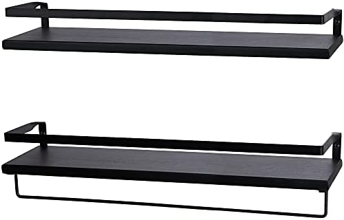 Peter's Goods Floating Wall Shelves with Rail, Large, Modern Black – Set of 2 Shelves with Towel Rack Bar – Contemporary Design Wall Mounted Wood Shelf for Bathroom, Living Room, Entryway, Game Room