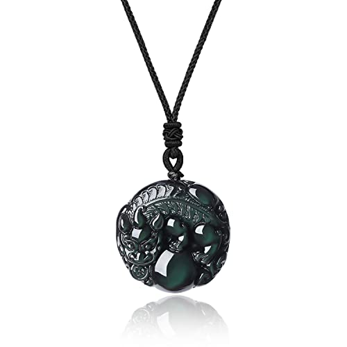 COAI Collier Animal Chinois Pendentif Pixiu Amulette Obsidienne Cordon Ajustable Unisexe