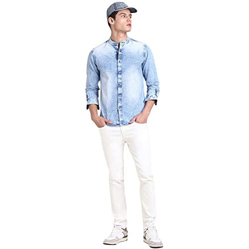 Image of Dennis Lingo Men's Solid Denim Cotton Slim Fit Full Sleeve Mandarin Collar Casual Shirt