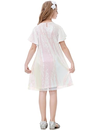 Girls Sequin Dress Sparkling Short Flutter Sleeve Midi Shiny Dance Dress with Bow Hair Clip4
