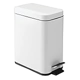 mDesign 1.3 Gallon Rectangular Slim Profile Metal Step Trash Can Wastebasket, Garbage Container Bin, Bathroom, Powder Room, Bedroom, Kitchen, Craft Room, Office - Removable Liner Bucket - Matte White