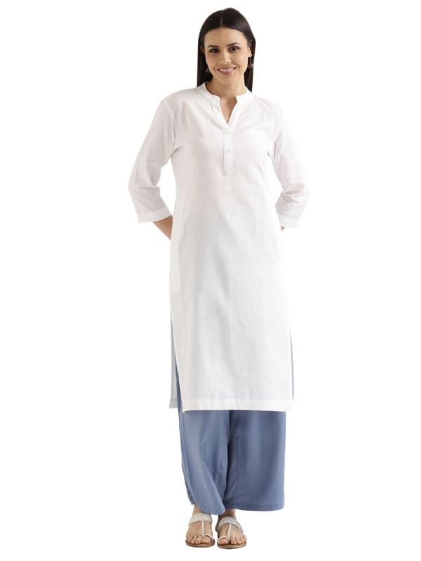 Image of SAADAA Women's Linen Blend Long Kurta with Viscose Palazzo Set | Straight Fit Kurta with Wide Leg Palazzo | Solid Ethnic Co-ord Set for Office & Casual Wear