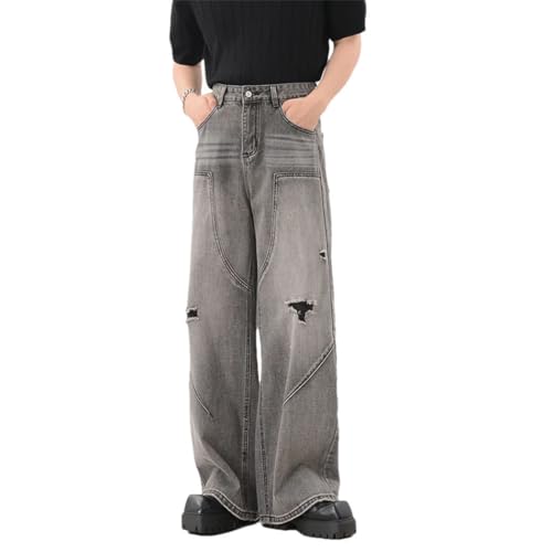 High Street Men’s Denim Pants, Solid Color, Deconstructed Holes Design, Loose Fit Trousers