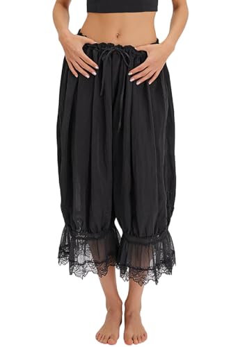 Image of NUFIWI Women Ruffle Long Bloomer Y2k Lace Trim Pettipants Pantaloons Mid Rise Cropped Pajama Pants Under Dress Slips