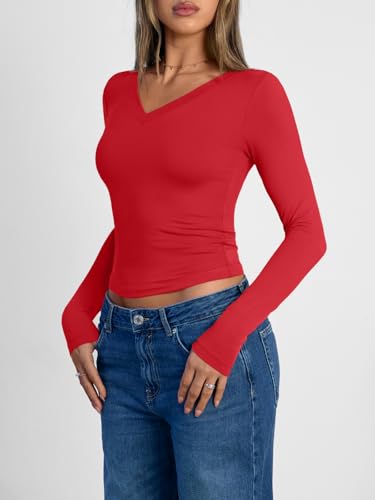 Image of Trendy Queen Womens Long Sleeve Shirts 2026 Fall Fashion Basics Crop Tops