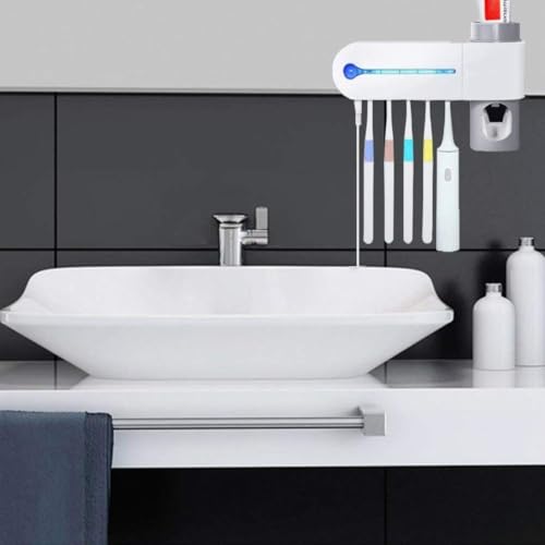 Image of JERN Plastic UV Toothbrush Holder Toothpaste Dispenser Wall Mounted Toothbrush Holder & Automatic Toothpaste Holder with 5 uv Toothbrush sanitizer Holder UV Toothbrush Cleaner Pump,White