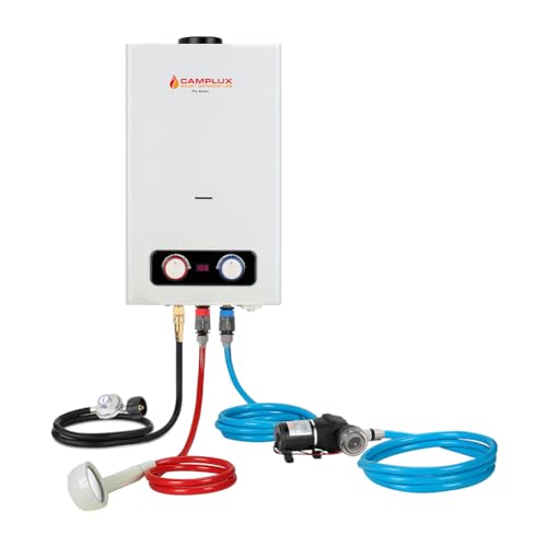 Tankless Water Heater, Camplux 2.64 GPM 68,000 BTU Outdoor Propane Water Heater, Gas Water Heater with 3.3 GPM Water Pump & Pipe Strainer for Camping, Cabins Tankless Water Heater, Camplux 2.64 GPM 68,000 BTU Outdoor Propane Water Heater, Gas Water Heater with 3.3 GPM Water Pump & Pipe Strainer for Camping, Cabins
