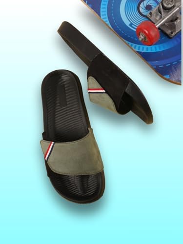 Image of PERY-PAO Sliders Mens Grey, Maroon, Olive Green Stylish Printed Flip Flop & Slippers