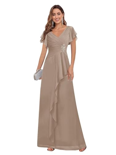 AUMEELAM Cape Sleeves Chiffon Mother of The Bride Dress Lace Applique V-Neck Ruched Wedding Guest Dresses4