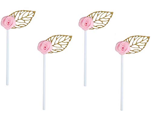24 Pack of Glitter Gold Leaf Cupcake Toppers with Pink Rose Flower for Birthday Party Baby Shower Wedding Bridal Shower Cake Decoration