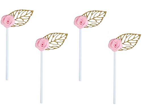 24 Pack of Glitter Gold Leaf Cupcake Toppers with Pink Rose Flower for Birthday Party Baby Shower Wedding Bridal Shower Cake Decoration -  vaujory