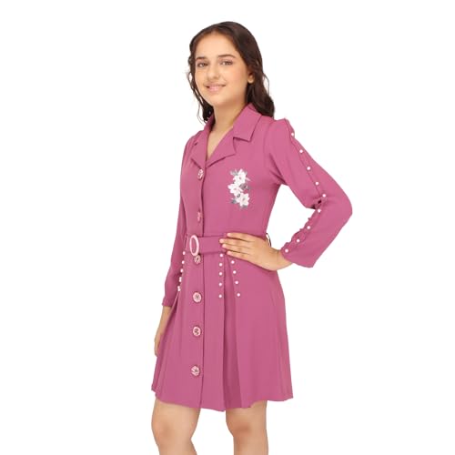 Image of Cutecumber Girls Georgette Long Blazer Look Pleated Full Sleeve Winter Dress with a Detachable Belt.CC7615D-PURPLE-16