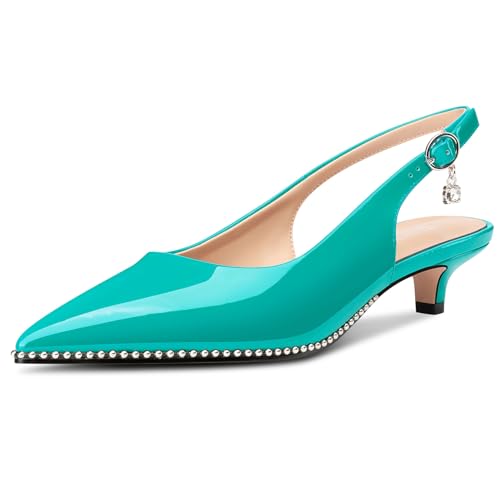 Image of TNYNFBEB Womens Low Kitten Heel Close Pointed Toe Pumps Slingback Silver Beaded Buckle Prom Party Dress Patent Leather 1.4 Inches Heels