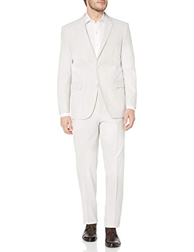 Adolfo Men's Seersucker Modern Fit Suit, tan/White, 42 Regular