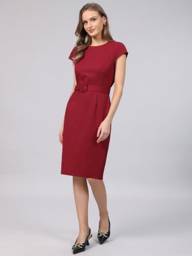 Image of Hobemty Women's Knee Length Pencil Dress Cap Sleeve Belted Wear to Work Sheath Dresses