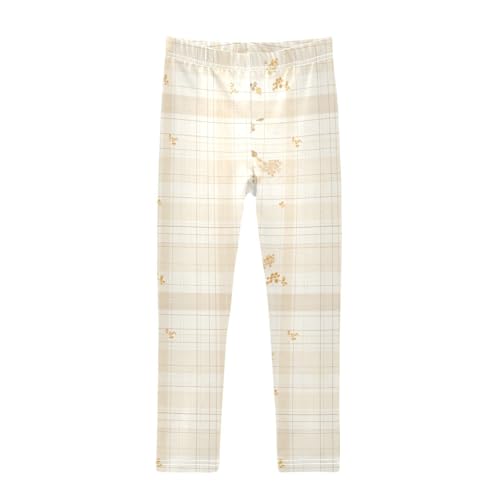 KLL Check Pattern Beige White Toddler Girls' Cotton Leggings Comfortable High Waisted Workout Pants Exercise