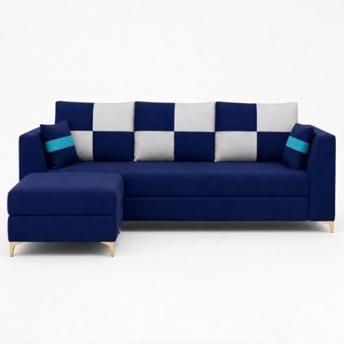Image of FURNY Signature Cresta 4-Seater L-Shape Sofa Set with Movable Ottoman | Flexible LHS /RHS Layout | Boston Fabric | 40D Foam + Zigzag Spring | 3-Yr Warranty (Midnight Blue, Light Grey)