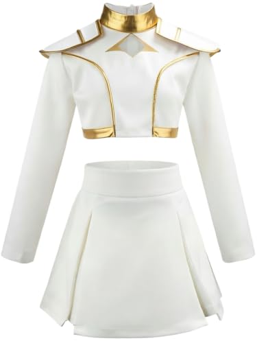 TRACYCY Meninas disfarce cosplay anime branco performance show uniforme Set Top e saia para Natal carnaval Halloween festa de aniversário máscara fato, 4-12 anos, 150