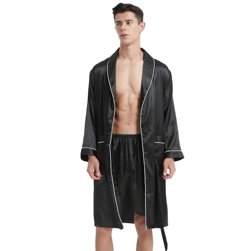 Haseil Men's Luxurious Kimono Robe with Shorts Silk Satin Bathrobes