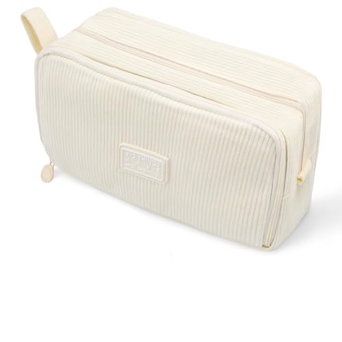 TCNHES Estuche de tela de pana con 3 compartimentos, estuche escolar, gran capacidad, estuche para lápices, para niños, niñas, adolescentes, para la escuela y la oficina, beige, Retro