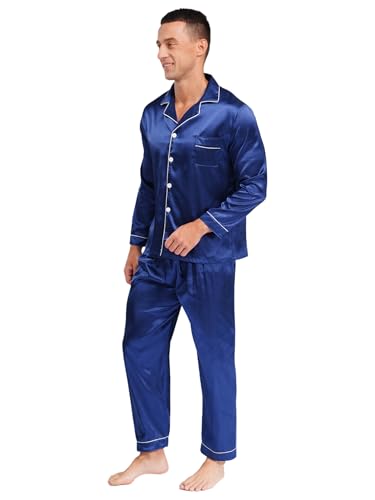 TiaoBug Men's Satin Pajamas 2Pcs Long Sleeve V Neck Loose Fit Sleepwear Set Button-Down Loungewear4
