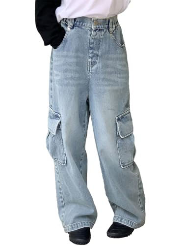 Rolanko Girls Jeans Baggy Cargo Jeans Wide Leg Denim Pants with Flap Pockets Kids Denim Cargo Trousers (Pocket, 13-14 Years)