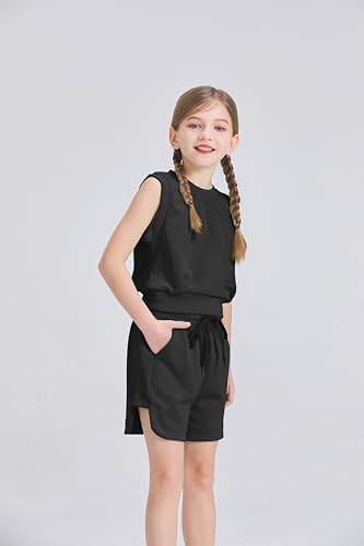 Image of Girls 2 Piece Outfits 2025 Trendy Clothes Summer Cute Sleeveless Tops Shorts Clothing Sets Activewear