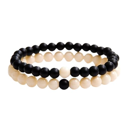 Bracelets extensibles pour couples en jade blanc et onyx noir 8mm | FIZA_CPL_311