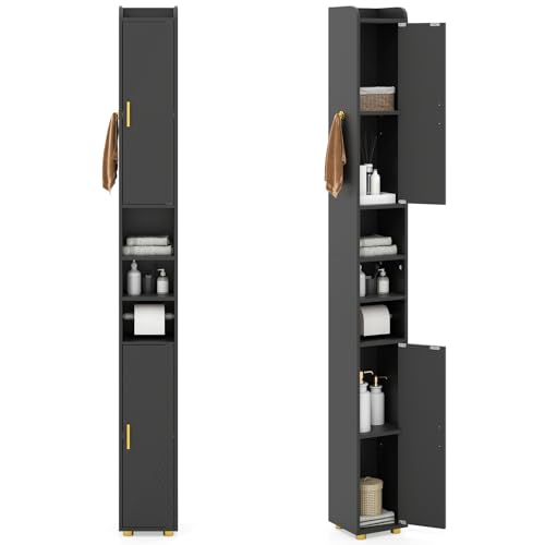 GIANTEX 179 cm Badezimmerschrank, schmaler Hochschrank mit 2 Türen, 3...