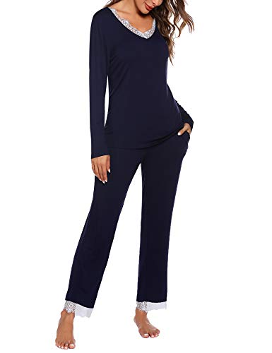 Hotouch Night Set for Women Floral Lace Trim Pj s 2PCS Pajama Set Full Length Pants Navy Blue L