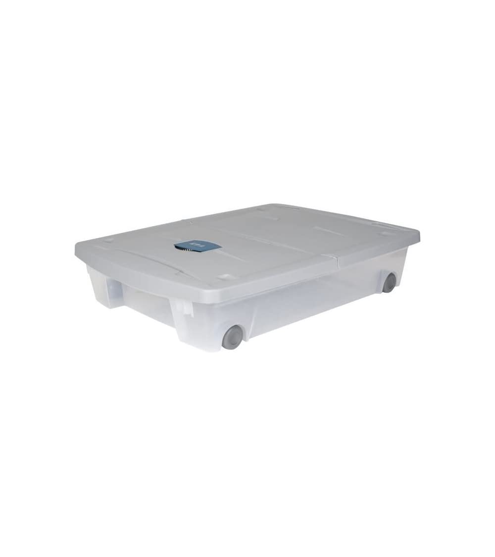 EDA - Dessous DE LIT 50 L avec roulettes Naturel - Couvercle ET roulettes Gris Beton - Trappe Bleu Orage 10328