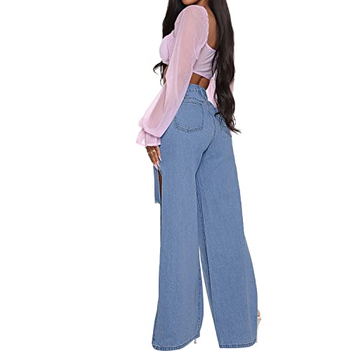 FCYYUETY Women High Rise Slit Split Hem Bootcut Distressed Blue Flare Jeans Ripped Hole Denim Pants2