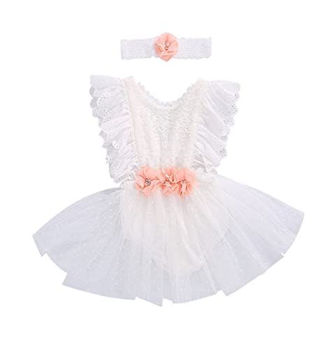 stylesilove Baby Girls Elegant White Lace Eyelet Romper with Peach Flower & Matching Headband 2pcs Flower Girl Tutu Dress Outfit (24 Months)