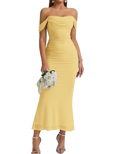 KUTUMAI Off The Shoulder Maxi Long Dress Corset Ruched Bodycon Formal Wedding Guest Dresses for Women Yellow M