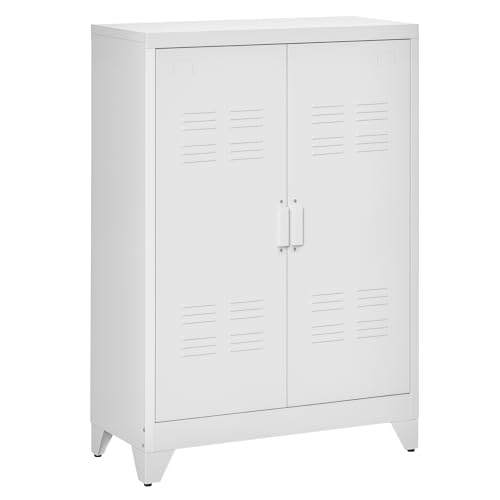 HOMCOM Armario de Almacenamiento Aparador de Metal con Doble Puerta Cierre Magnético y 2 Estantes Ajustables para Oficina Salón Dormitorio 75x33x110 cm Blanco