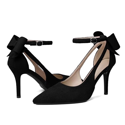 Joseywade Bow Heels Stiletto High Heels Bowtie Bowknot Heels D'Orsay Cutout Pumps Pointed Toe Women Ankle Strap Dress Shoes 3.5 Inch3