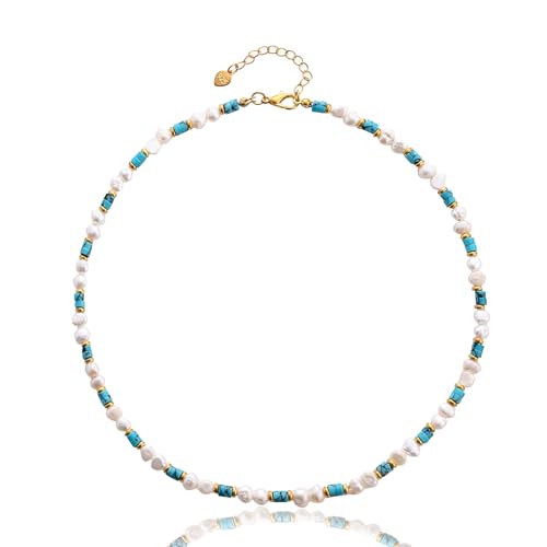 Freshwater Pearl Turquoise Gemstone Beaded Necklace Boho Turquoise Choker Necklace for Wome Jewelry Gift (Pearl Turquoise)