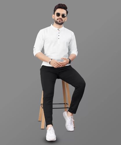 Image of DEEMOON Men's Regular Fit Solid Sprad Collar Casual Shirt with a Trendy Mandarin Collar Crafted from a Premium Cotton Blend