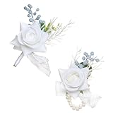 GLIDLION 2Pcs Men Boutonniere and Woman Wrist Corsage Set,Artificial Flowers Groom/Groomsman Boutonniere Pins,Bride/Bridesmaid Wrist Corsage for Wedding Party Homecoming Prom (White)