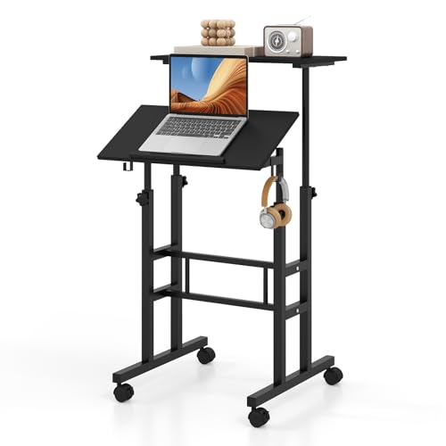Tangkula Mobile Standing Desk, Height-Adjustable Laptop Podium Cart with Tilting Tabletop & Adjustable Angle, Rolling Stand Up Computer Desk with 2 Hanging Hooks & Lockable Casters for Home Office