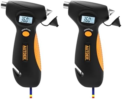 AUTDER 5-in-1 Digital Tire Pressure Gauge with LED Work Light, Emergency Hammer, Seat Belt Cutter, Tread Depth Gauge, and Backlit LCD - Portable, Durable for Cars, Trucks, Yellow, 2 Pack