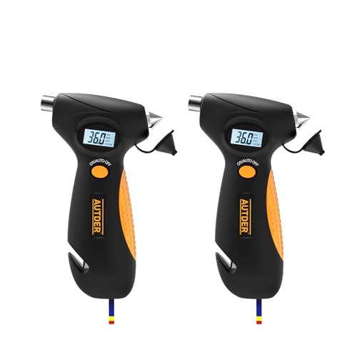 AUTDER 5-in-1 Digital Tire Pressure Gauge with LED Work Light, Emergency Hammer, Seat Belt Cutter, Tread Depth Gauge, and Backlit LCD - Portable, Durable for Cars, Trucks, Yellow, 2 Pack