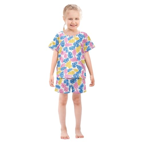 ALAZA Tropical Palm Leaves Blue Yellow Pajamas Set Short Sleeve Cotton Sleepwear Summer Pjs 2 Piece 5-14Y3