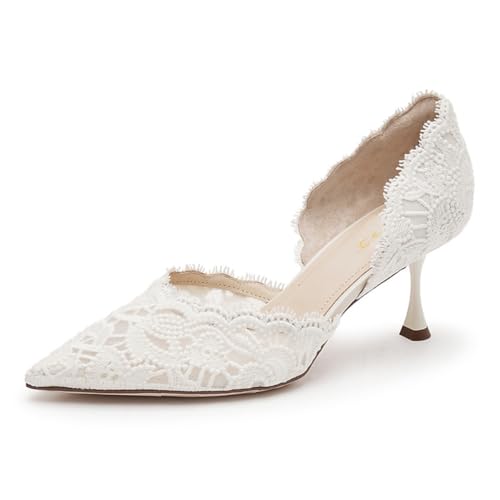 FOWT Women Pointed Toe D'Orsay Pumps Slip on Kitten Mid Heels Elegant Lace Wedding Prom Evening Shoes Size 4-16 US