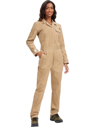 WORK IDEA Women's Long Sleeve Coveralls - 100% Cotton Work Jumpsuits Action Back And Utility Pockets with Hook