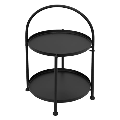ECD Germany Mesa Auxiliar Redonda Ø 30 x 45 cm de Metal Mesita de Centro 2 Niveles con Asa Velador Negro de Salón para Café Consola de Noche Estilo Industrial Moderno Decorativo Bandejas Extraíbles